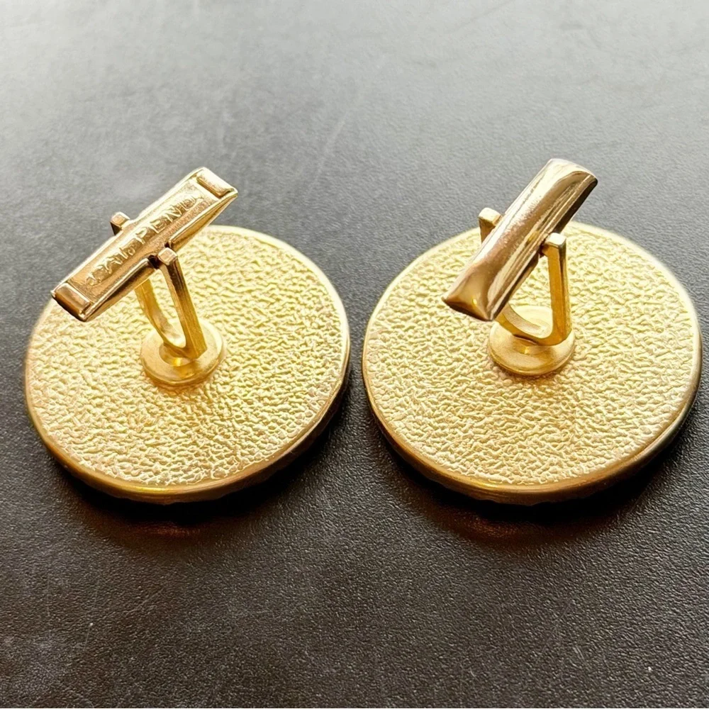 Vintage Pearl Cream Faux Moonstone Cabochon Cuff Link Set Gold Crimped Edges